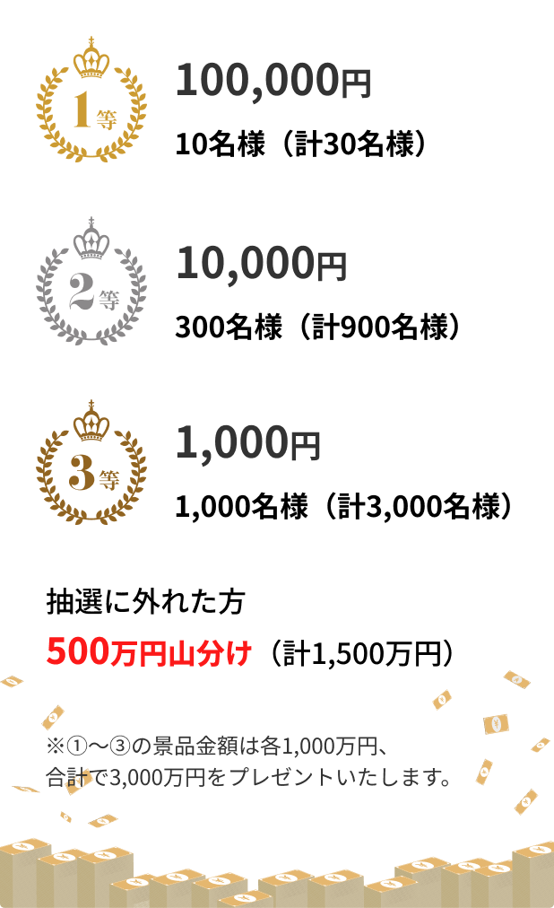 1等:10万円、10名様（計30名様　2等:1万円、300名様（計900名様）　3等:）1000円、1,000名様（計3000名様）　抽選に外れた方：500万円山分け（計1500万円）　※①～③の景品金額は各1000万円、合計で3000万円をプレゼントいたします。