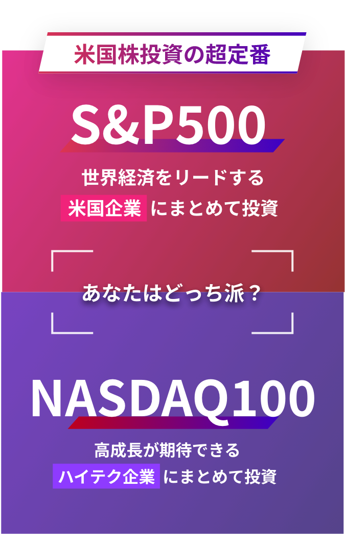 米国株投資の超定番 / あなたはどっち派？ / S&P500 世界経済をリードする米国企業にまとめて投資 / NASDAQ100 高成長が期待できるハイテク企業にまとめて投資