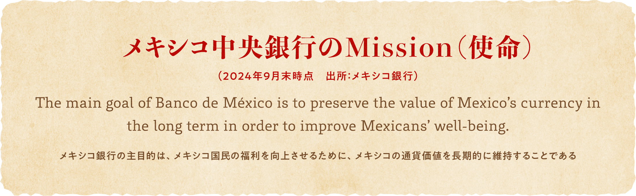 メキシコ中央銀行のMission（使命）（2024年9月末時点　出所：メキシコ銀行）The main goal of Banco de México is to preserve the value of Mexico’s currency in the long term in order to improve Mexicans’ well-being. メキシコ銀行の主目的は、メキシコ国民の福利を向上させるために、メキシコの通貨価値を長期的に維持することである