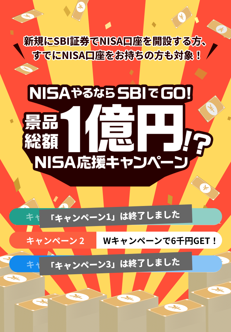 新規にSBI証券でNISA口座を開設する方、すでにNISA口座をお持ちの方も対象！NISAやるならSBIでGO!景品総額1億円!?NISA応援キャンペーン キャンペーン1:全員参加OK、キャンペーン2:条件クリアで2千円、キャンペーン3:ハズレなし