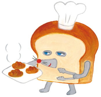 コック帽をかぶったパンどろぼうとクロワッサンのイラスト