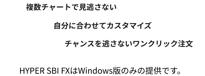 複数チャートで見逃さない。自分に合わせてカスタマイズ。チャンスを逃さないワンクリック注文。HYPER SBI FXはWindows版のみの提供です。