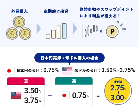 外貨購入＞定期的に投資＞為替変動やスワップポイントにより利益が狙える！